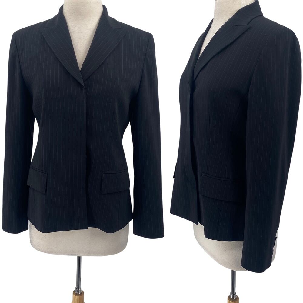 Vintage Emanuel Ungaro Wool Pinstripe Blazer Covered Button Down Black Womens 8